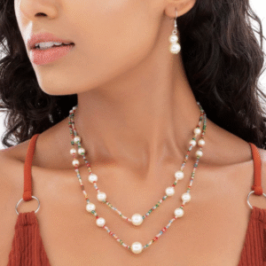 Exquisite Double Layer Bead & Pearl Necklace Set With Earrings
