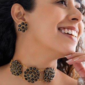 Stunning Black Crystal Beads Gold Choker Necklace Set With Earrings